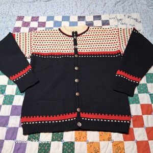 Vintage Switzerland Daytons Cardigan Wool Sweater Black Fair Isle Size Large